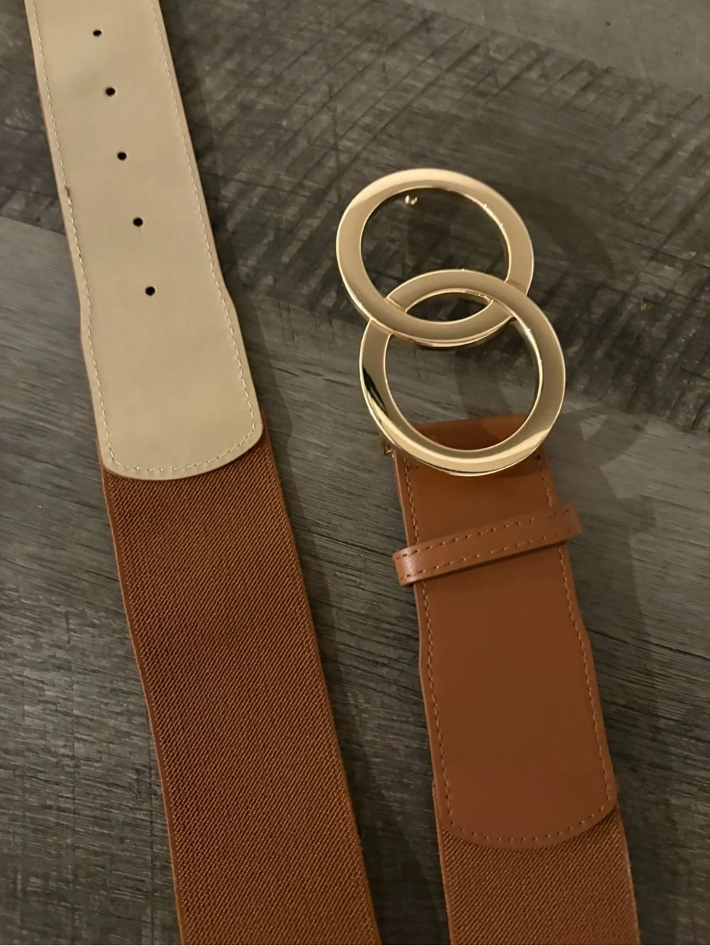 Gold Double Ring Buckle Tan Leather Expanding Waist Belt